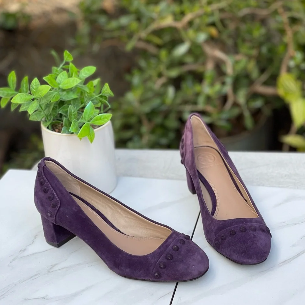 Tory Burch Colt Suede Pump Studded Block Heel Pump Purple Suede Leather Size 5